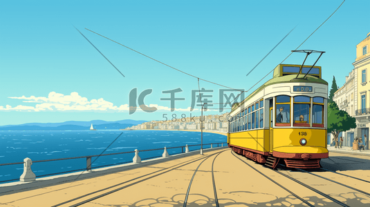 电车插画图片_行进在轨道上的黄色电车插画14