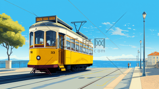 骑电车人插画图片_行进在轨道上的黄色电车插画12