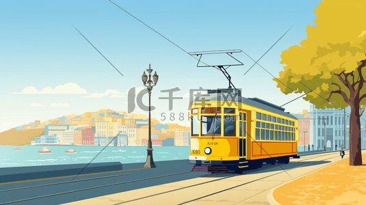 行进间传球插画图片_行进在轨道上的黄色电车插画19