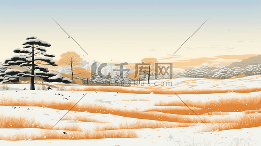 原野插画图片_橘色系冰天雪地里的山川原野插画4