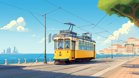 行进在轨道上的黄色电车插画22