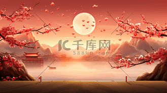 红色中国风建筑风景插画15