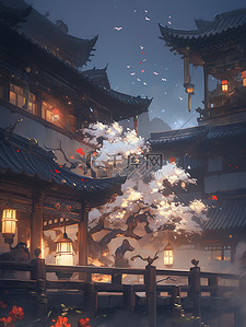 花灯笼插画图片_古代建筑梅花赏花插图