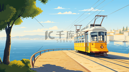 行进间传球插画图片_行进在轨道上的黄色电车插画15