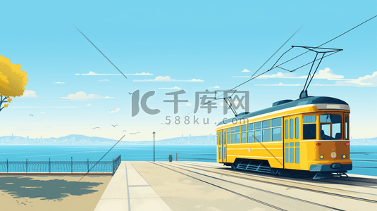 24黄色插画图片_行进在轨道上的黄色电车插画24