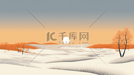 橘色系插画图片_橘色系冰天雪地里的山川原野插画8