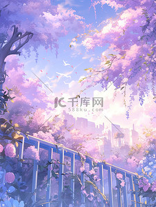 浅紫色的花朵春天意境插画图片