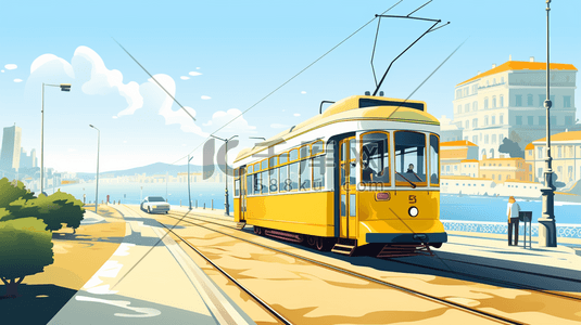 电车插画图片_行进在轨道上的黄色电车插画13
