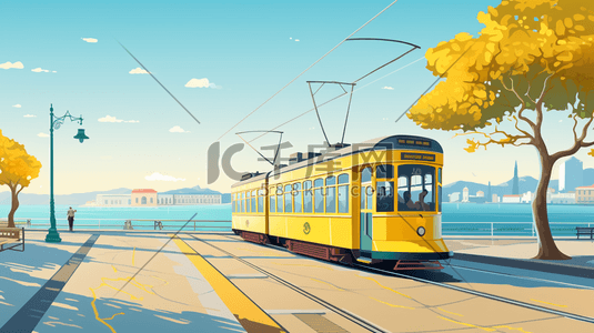 行进在轨道上的黄色电车插画17