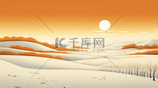 原野插画图片_橘色系冰天雪地里的山川原野插画10