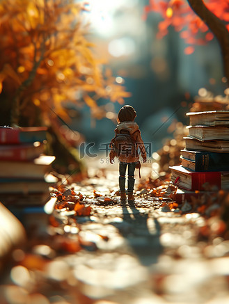 微观一个孩子走在路上矢量插画