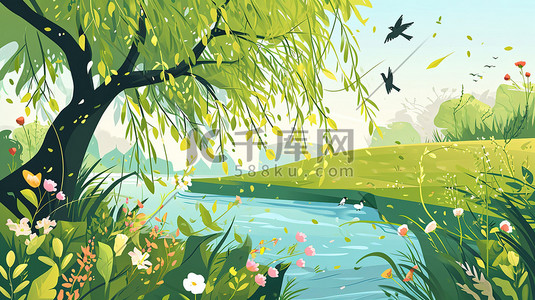 绿色的柳树插画图片_早春时节绿色的柳树插画设计