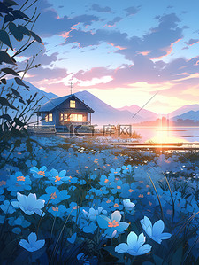 日落湖泊花开的小房子插画