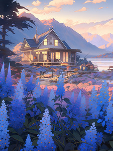 日落湖泊花开的小房子插画设计