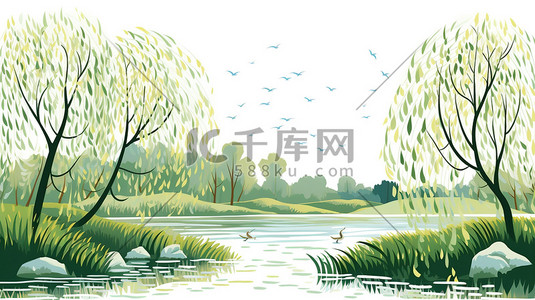绿色的柳树插画图片_早春时节绿色的柳树图片