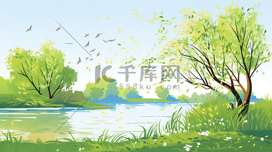 女装早春插画图片_早春时节绿色的柳树图片