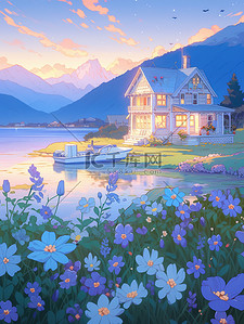 日落湖泊花开的小房子插画设计