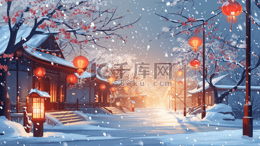 冬季中国风春节雪景插画3