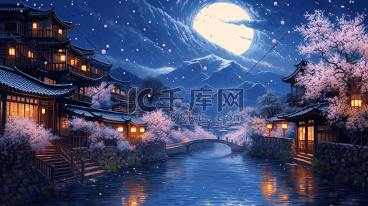 路灯光插画图片_夜景下的古镇美景插画2