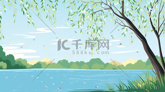 早春时节绿色的柳树插画图片