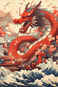 龙年新年中国风手绘插画海报