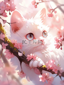 粉红色花朵白色的猫插图
