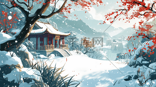 冬季中国风春节雪景插画8