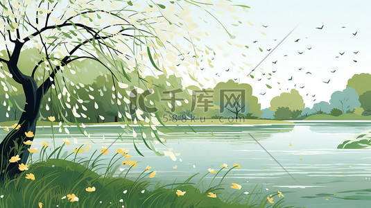 早春时节绿色的柳树插画素材