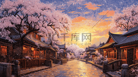 路灯光插画图片_夜景下的古镇美景插画16