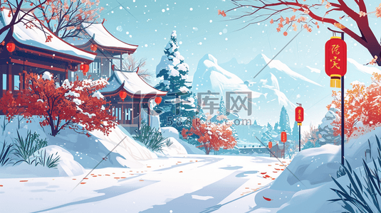 冬季中国风春节雪景插画5