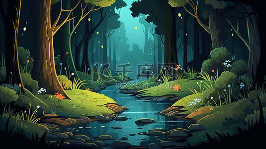 森林中的小河儿童插画
