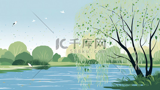 绿色的柳树插画图片_早春时节绿色的柳树插画图片