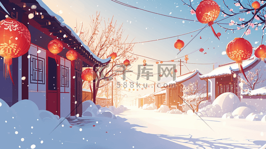 古风中国风梅花插画图片_冬季中国风春节雪景插画7