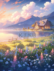 日落湖泊花开的小房子插图