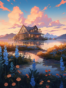日落湖泊花开的小房子插图