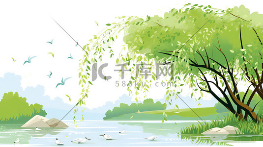 绿色的柳树插画图片_早春时节绿色的柳树素材