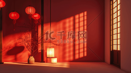 中国红中国风春节灯笼古典建筑插画20