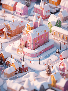 3d立体冬天微景观白雪覆盖的小镇插画