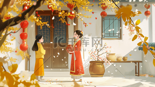 卡通红花插画图片_中国风手绘古色古风卡通美女街道插画8