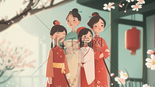 中国风红梅花插画图片_中国风手绘古色古风卡通美女街道插画15