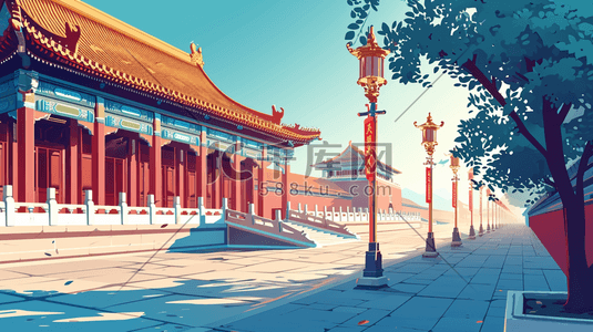 中国风手绘彩色古典建筑宫廷风插画24
