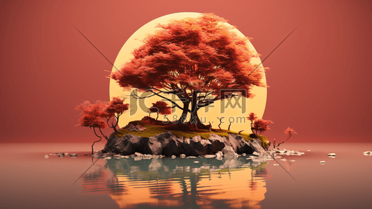 简约公益插画图片_3D立体意境红色植物树木插画4