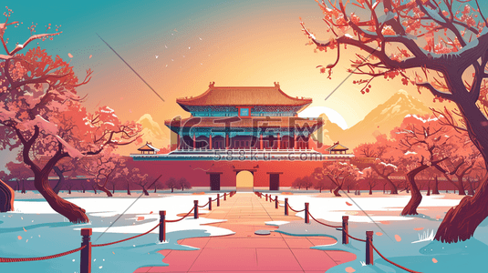 中国风手绘彩色古典建筑宫廷风插画21