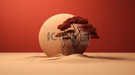 简约公益插画图片_3D立体意境红色植物树木插画2