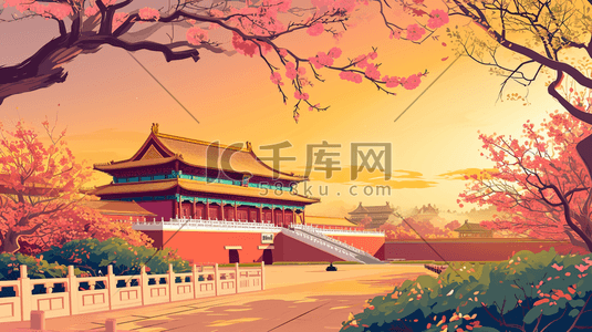 中国风手绘彩色古典建筑宫廷风插画6