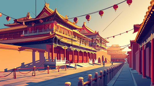 中国风手绘彩色古典建筑宫廷风插画10