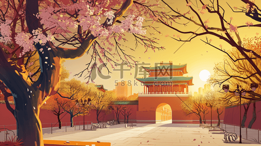 中国风手绘彩色古典建筑宫廷风插画25
