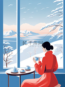 衣服女人插画图片_冬日女人在窗户边喝咖啡插画设计