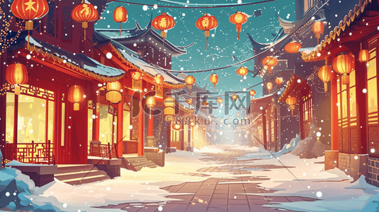 彩色手绘国风古建筑夜景街道夜下雪插画16