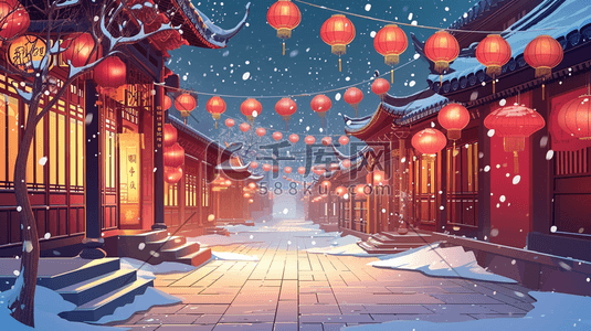 彩色手绘国风古建筑夜景街道夜色下雪插画3